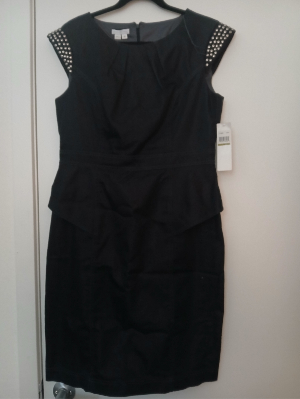 London Times Dark Jean Peplum Midi Dress with Studded Shoulders